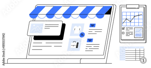Laptop with online store interface, shopping icons, pop-up offer, clipboard with chart and checklist. Ideal for online shopping, e-commerce, analytics, marketing sales retail budget. Simple flat