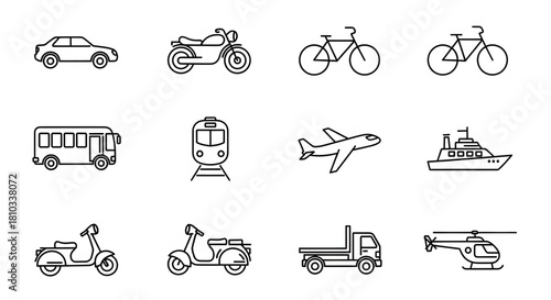 A set of detailed line art icons illustrating more modes of transportation, including trains, ships, scooters, and various cars.