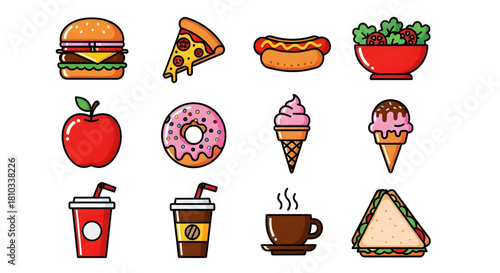 A similar set of colorful cartoon illustrations of fast food and beverages, including a sandwich, cup of coffee, and soft drink.