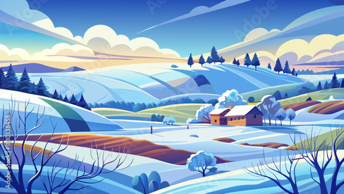 Very beautiful peaceful winter landscape in North Dakota, featuring wide snow-covered fields, gentle rolling terrain, and a calm blue sky creating a serene, bright, and tranquil seasonal atmosphere.