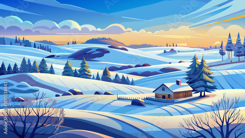 Very beautiful peaceful winter landscape in North Dakota, featuring wide snow-covered fields, gentle rolling terrain, and a calm blue sky creating a serene, bright, and tranquil seasonal atmosphere.
