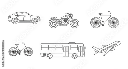A set of simple, hand-drawn line art icons illustrating various modes of transportation, including cars, motorcycles, bicycles, planes, and buses.