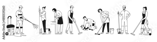 Doodle set of cleaning people. Men and women clean, wash, and wipe down the room. Mini washing machine. Cleaning company, janitors. Vector isolated illustration.