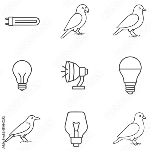 Icons arranged in a grid, depicting three birds, three light bulbs, and a spotlight. The birds appear in various poses