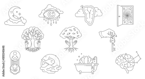 Unlock your mind's potential with surreal dreamlike icons representing growth, transformation, and cosmic discovery