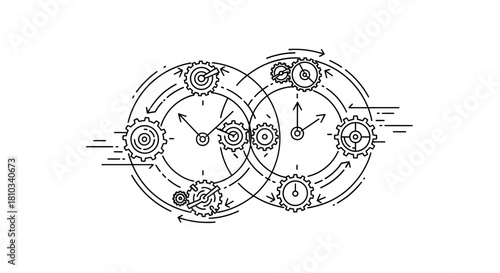 Dynamic interlocking gears and clock faces represent synchronized workflow, efficiency, and the interconnectedness of time in modern business operations.