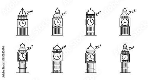 Charming line art collection depicts iconic London Big Ben towers peacefully sleeping with stylized Zzz symbols, perfect for travel and city themes.