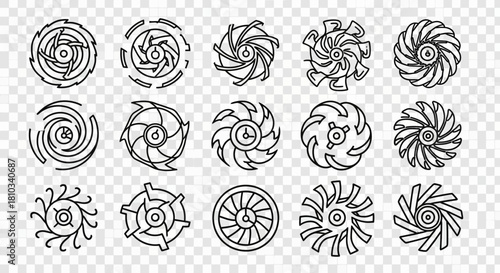 Dynamic turbine, fan, and propeller icons offer versatile design elements for modern industrial and tech projects showcasing rotation and motion