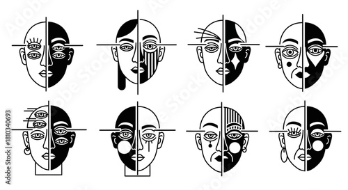 Expressive abstract faces with bold black and white graphic elements explore duality and perception in modern design