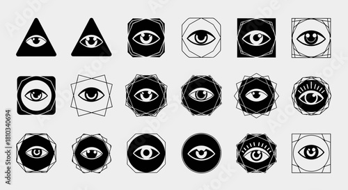 Mysterious eye symbols, sacred geometry icons, and all seeing eye designs for spiritual or mystical themes