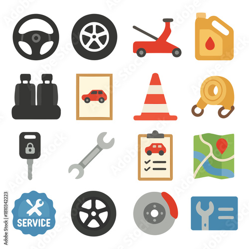 Vehicle Maintenance Icons: A comprehensive set of vehicle maintenance icons, representing the essential elements of car repair, service, and travel. A collection of car maintenance supplies and tools.