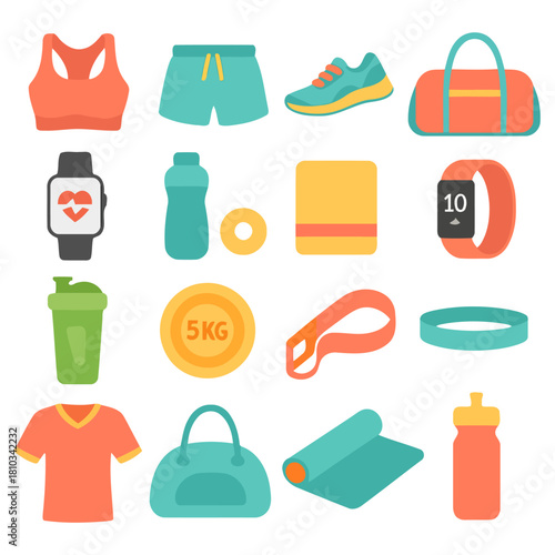 Gym Essentials: A vibrant collection of fitness gear lays out, illustrating equipment required for a thorough exercise and training regimen.