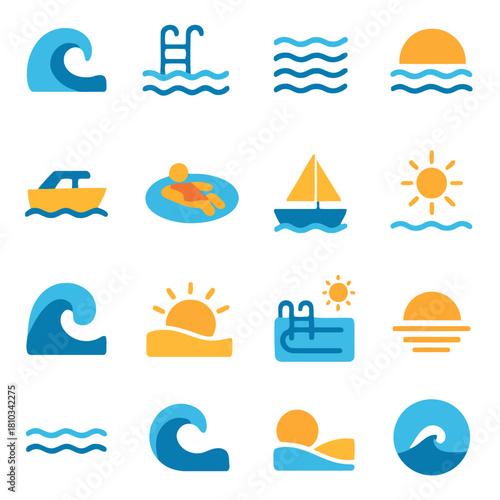 Seaside Symbolism: A collection of diverse and vibrant illustrations showcases elements of seaside life, including waves, swimming pools, boats, and the sun.