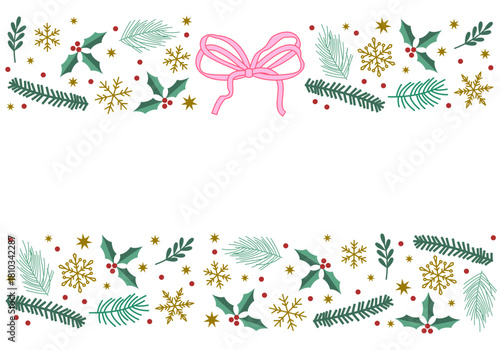 Christmas vector composition with green fir branches and red bow isolated on white background