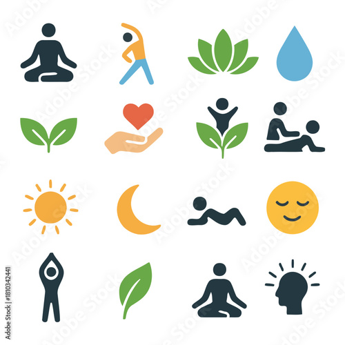 Harmonious Symbols of Wellness: A collection of various icons representing the concepts of health, balance, mindfulness, and the tranquil well-being of the body and mind.