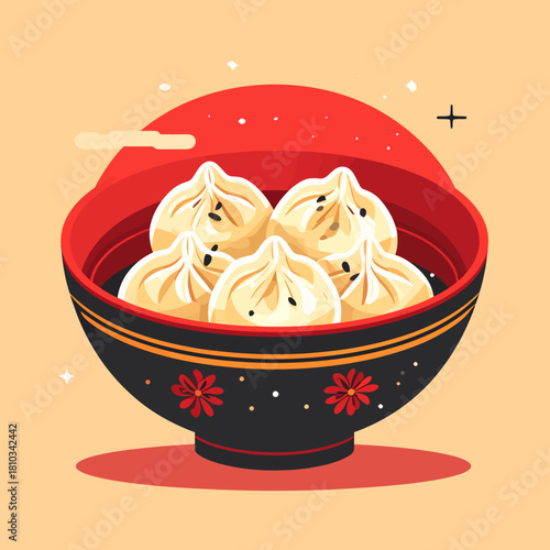 icon bowl of dumplings for lunar new year flat