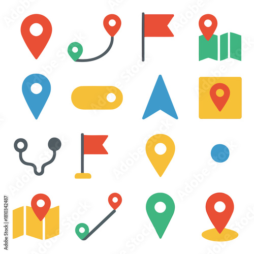 Navigation Icons in Array: A vibrant array of diverse navigation icons, perfect for representing locations, directions, and routes in a modern and clean design.