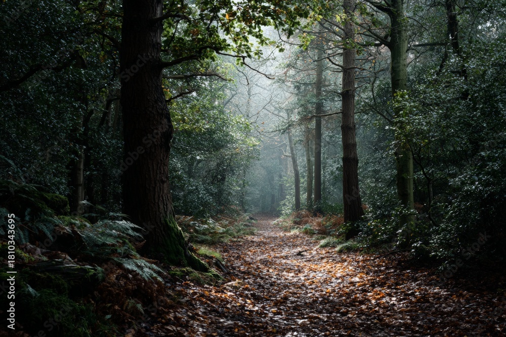 Naklejka premium Mystic Forest Path Through Foggy Woods