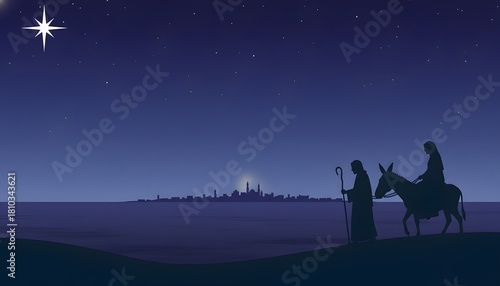 Silhouette of mary and joseph on a donkey traveling towards a city under a starry night sky