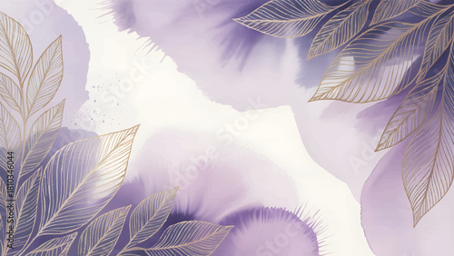 Abstract light purple watercolor gold leaves frame , Soft lavender splash botanical border background , Elegant wedding invitation template with foliage 