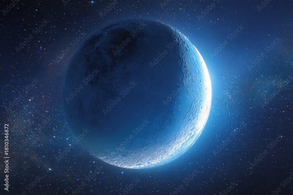 Naklejka premium Large blue moon with visible craters illuminated against a dark starry sky
