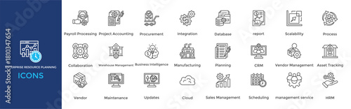 Enterprise Resource Planning icon set. Containing  Project Accounting, Procurement, Integration, Database, report, Scalability