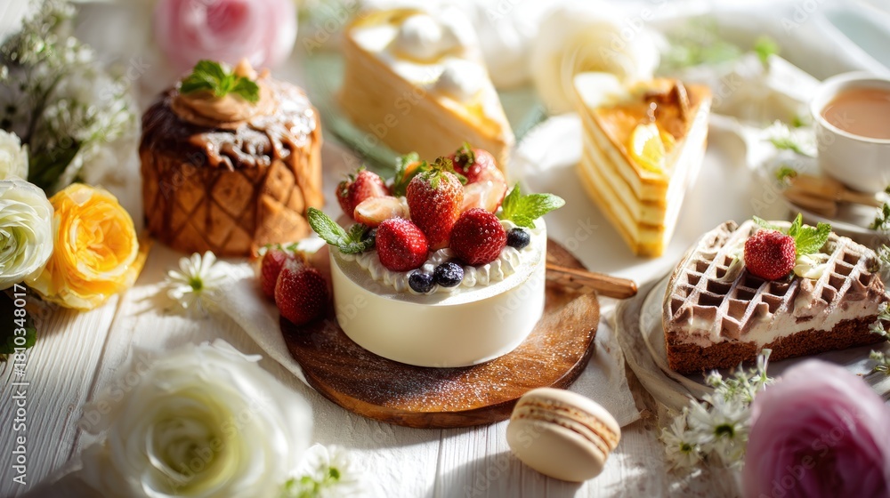 Obraz premium Elegant Dessert Presentation: Cakes, Waffles, and Macaron Arranged with Flowers