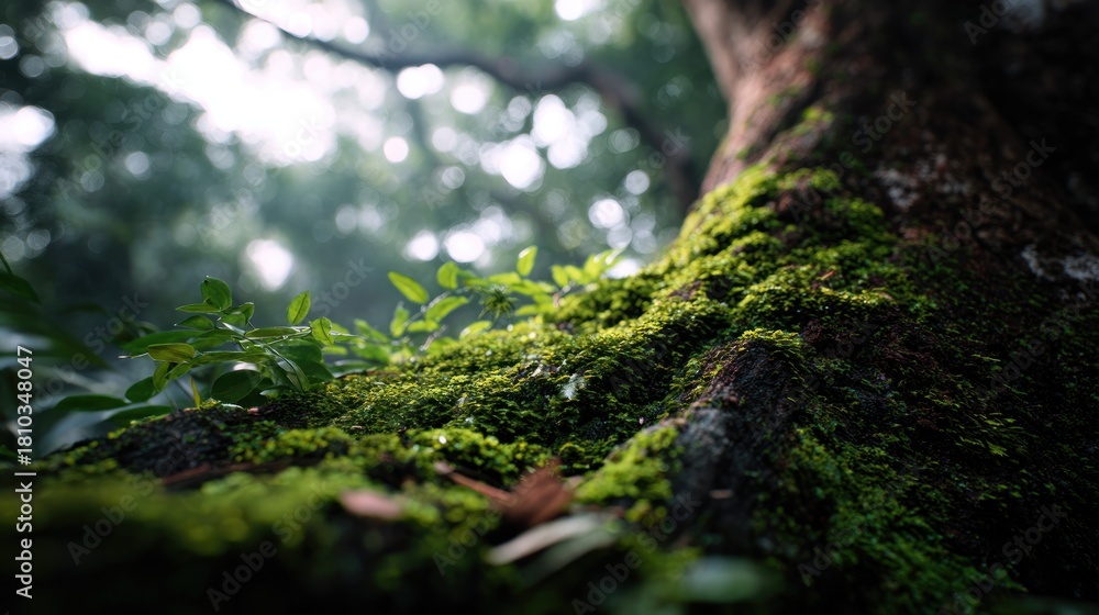 Fototapeta premium Enchanting moss covered tree trunk basking in the soft diffused forest light