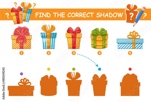 Holiday present gift boxes find correct shadow shape. Children education puzzle match game. Festive cardboard surprise packaging. Search right silhouette picture. Kid learning logical worksheet vector