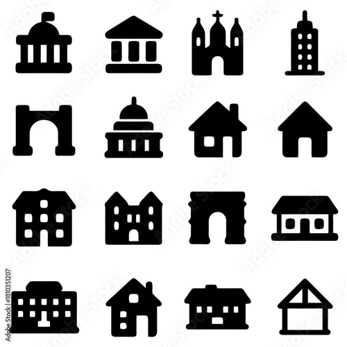 Architectural Icon Set: A collection of meticulously crafted, minimalist icons representing various architectural structures, perfect for design and informative needs.