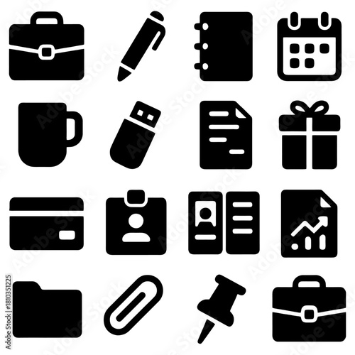 Office Essentials Icon Set: A neatly arranged collection of office essentials, including a briefcase, pen, notebook, calendar, coffee mug, USB drive, document, gift box, credit card, id card.