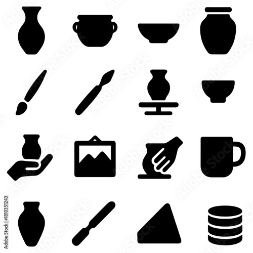 Artistic Pottery Elements: A collection of pottery-related icons, from classic vases to paintbrushes, symbolising the timeless craft of creating beauty and utility.