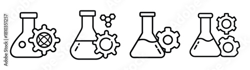 Science lab equipment flasks and gears vector illustration for chemistry research and development