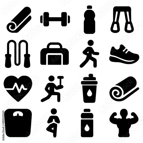 Fitness Elements Collection: A comprehensive set of fitness icons, featuring various exercise equipment, wellness elements and active lifestyle visuals in a monochromatic arrangement.