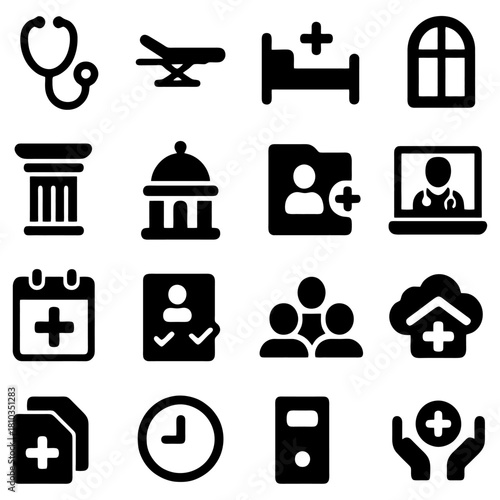Healthcare Icons: A comprehensive set of illustrative icons representing various aspects of healthcare, from medical tools to patient care and facilities.