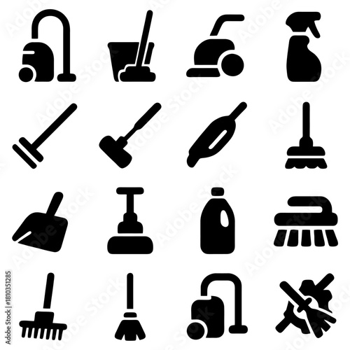 Cleaning tools: An array of essential cleaning tools, presented in a clean and organized manner, perfect for illustrating cleanliness, hygiene, and domestic maintenance. 