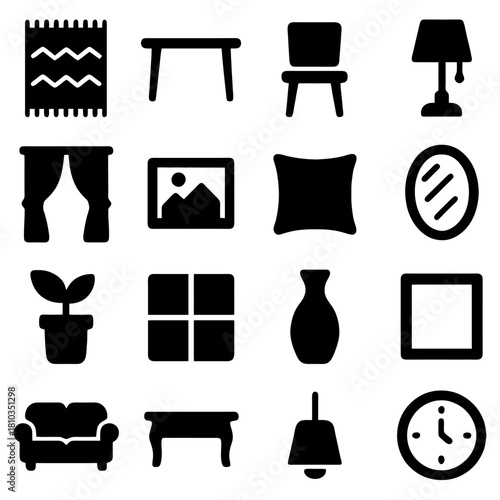 Home Furnishing Icons: A collection of black and white icons representing essential elements for a cozy and well-decorated living space.