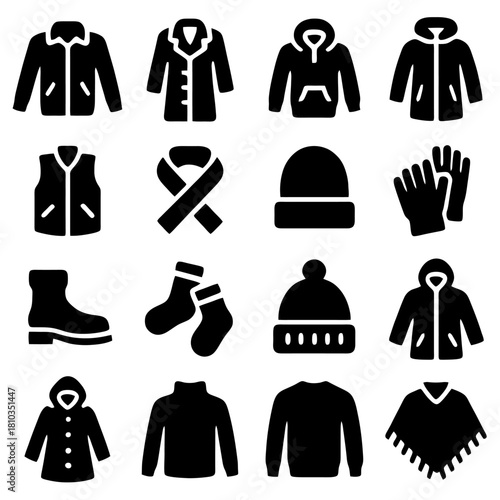 Winter Wear Collection: A comprehensive collection of winter attire featuring coats, scarves, gloves, boots, hats, socks and sweater, perfect for staying warm in cold weather.