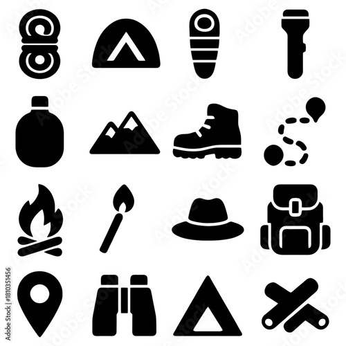 Camping Adventure Essentials: A collection of outdoor essentials arranged to evoke the thrill of exploration and the serenity of the wilderness. Includes tent, sleeping bag, flashlight.