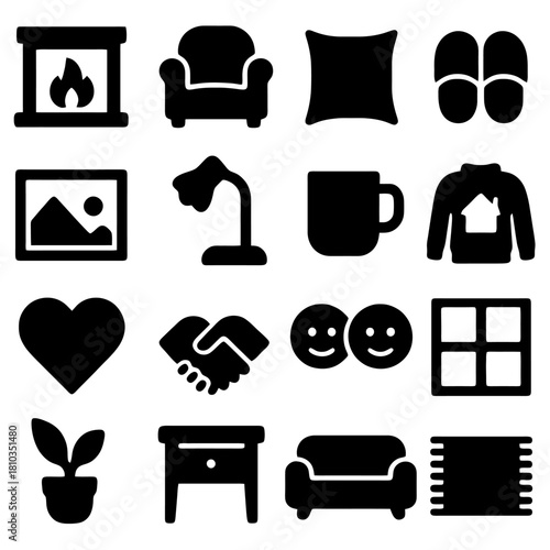 Comfort and Cozy: a charming collection of vector icons, embodying the essence of home with comforting objects and symbols. It is the epitome of comfort and warmth, ideal for visual projects. 