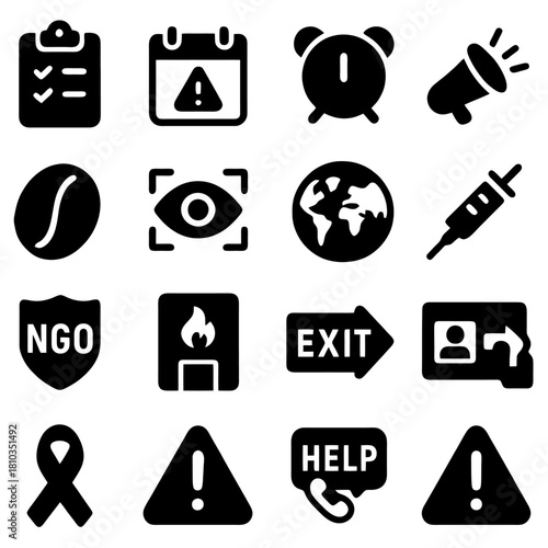 Diverse Icons of Information and Warning: A compilation of meticulously crafted monochrome icons represents a variety of crucial themes, from urgent warnings to informative symbols. Each icon.