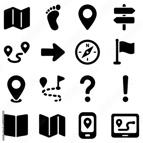 Navigation Icons: A collection of essential navigational icons in a clean, crisp style. Including map, marker, compass and flag. Illustrating the path, the direction, and the location.