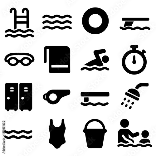 Swimming pool icons set: A collection of various swimming related icons. Each symbol embodies a different aspect of pool activities, inviting you to imagine your next dive and aquatic fun.