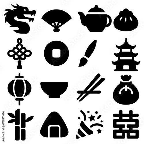 Chinese Cultural Symbols: A collection of meticulously crafted, silhouetted symbols represents the richness and diversity of Chinese culture. each symbol offers a glimpse into a time-honored heritage