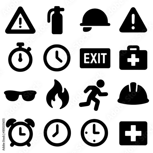 Safety and Emergency Icons: A comprehensive set of safety and emergency icons, presented in a clean and modern style, is perfect for conveying crucial information related to safety, protection.