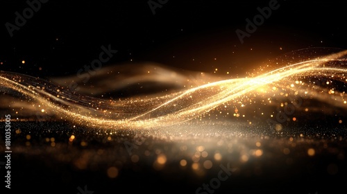 Brilliant golden light streams and sparkling particles flow across a dark background surface