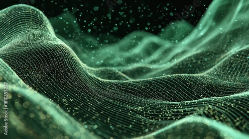 Glowing digital particles form intricate undulating terrain against a dark backdrop