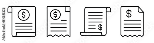 Receipt vector set, financial document, bill icon, invoice symbol, paper roll, dollar sign vector