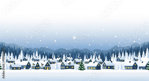 Winter village scene with snow covered houses trees and a star in the sky on a cold christmas night created with generated ai