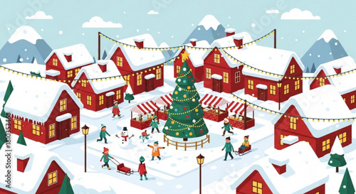 Festive christmas market scene with snowy houses christmas tree and people enjoying winter activities created with generated ai